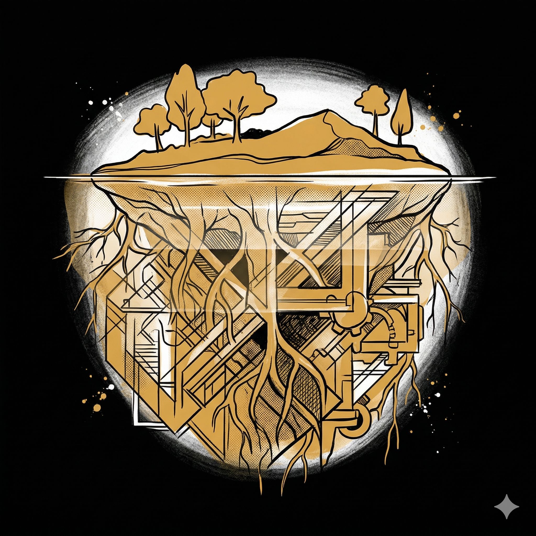 Insel-Querschnitt: Oberfläche mit Landschaft, darunter verwobene Strukturen und Wurzeln