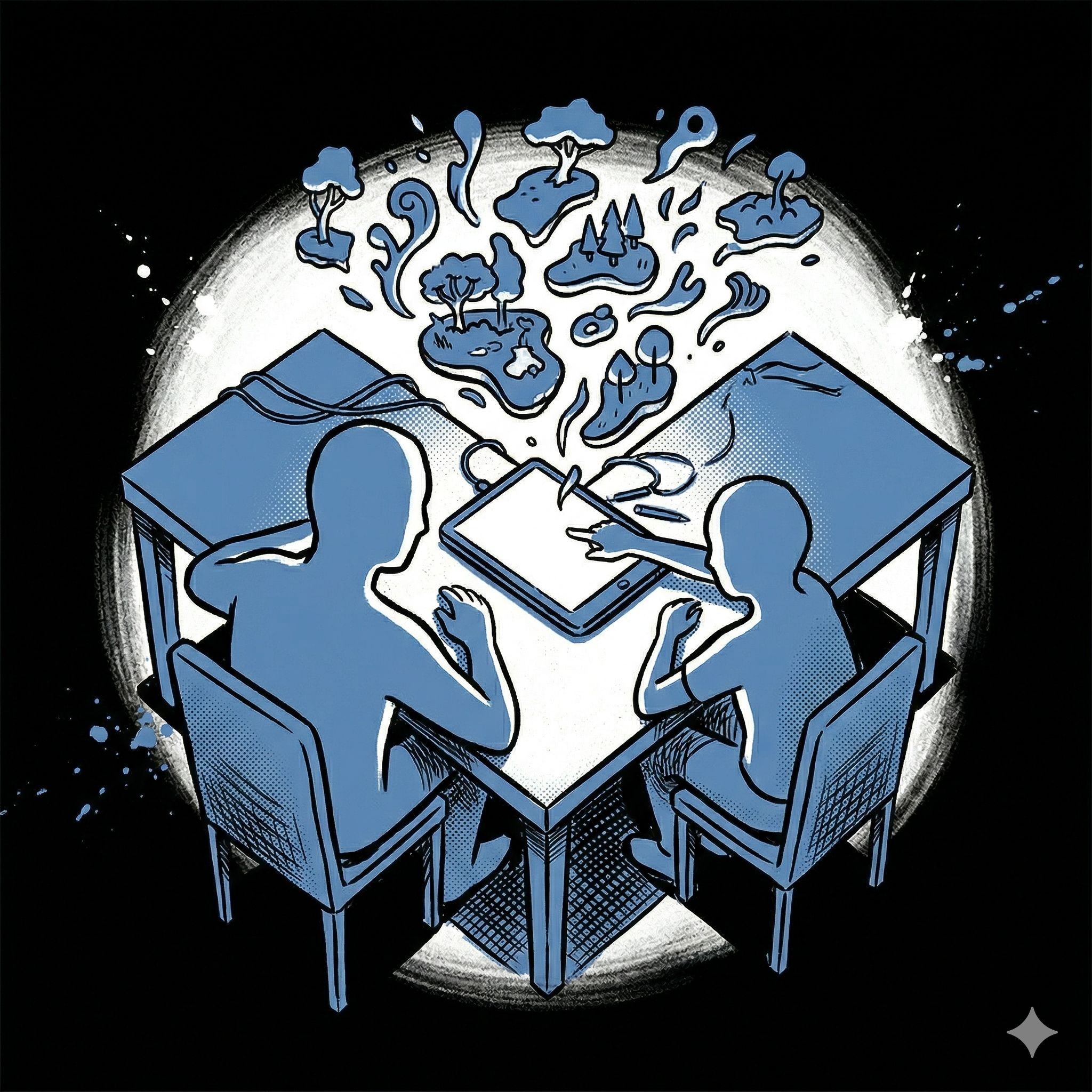 Zwei Personen sitzen über Eck am Tablet, Inselwelten steigen auf